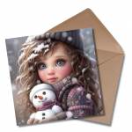 Cute Girl with her Snowman - Greetings Card