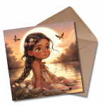 Cute Girl Sitting by the River, Sunset in the Background - Greetings Card
