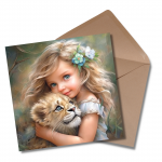 Beautiful Little Girl with Lion Cub - Greetings Card