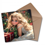 Beautiful Girl Under the Christmas Tree with Gifts - Greetings Card