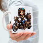 Steampunk motorcycle girl mug